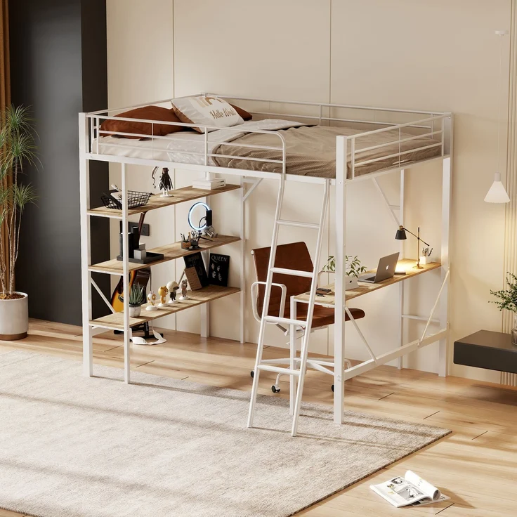 Weißes Metall-Hochbett 90x200cm mit Schreibtisch & 3 Ablagefächern, stabiler Stahlrahmen inkl. Lattenrost ohne Matratze – Bild 2