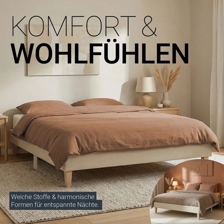 Polsterbett 140x200 cm Beige Doppelbett mit Lattenrost Futonbett Stoffbett Bett Bettgestell – Bild 4