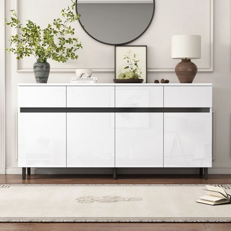 Merax Hochglanz Sideboard, Kommoden, Highboard, Schubladenkommoden mit 4 Schubladen 2 Türen und höhenverstellbaren Regalböden, Hochglanz-Sideboard, Hochglanz-Unterschränke, Eckschränke – Bild 5