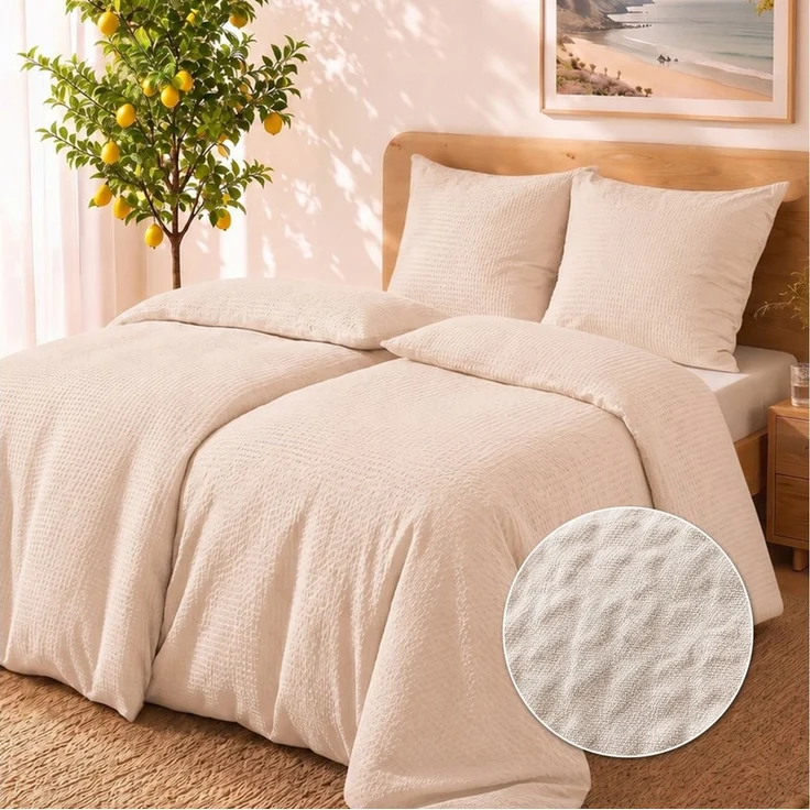 Malika Bettwäsche aus 100 % Mikrofaser, 1x 200x200 + 2x 80x80 cm, Seersucker, Beige, Seersucker, 3 teilig, Für Allergiker geeignet, pflegeleicht, angenehm weicher Stoff – Bild 1