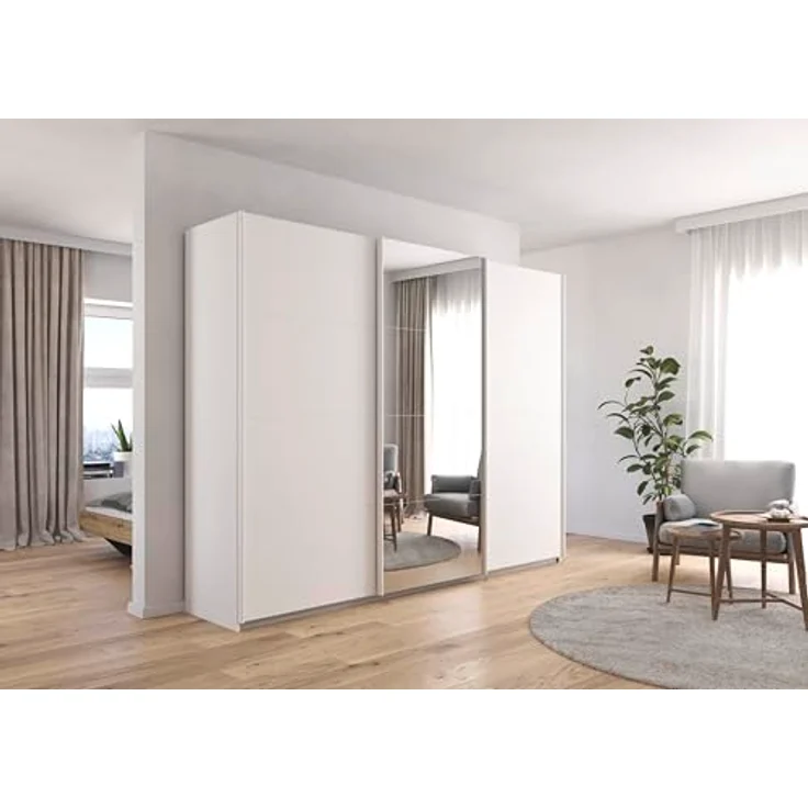 Rauch Möbel Kulmbach, Kleiderschrank mit Schwebetüren für Schlafzimmer, Kinderzimmer, Jugendzimmer, Garderobe, Flur, 3-türig, mit Spiegel, Zubehör Classic, Farbe Weiß, Breite 271 cm – Bild 2