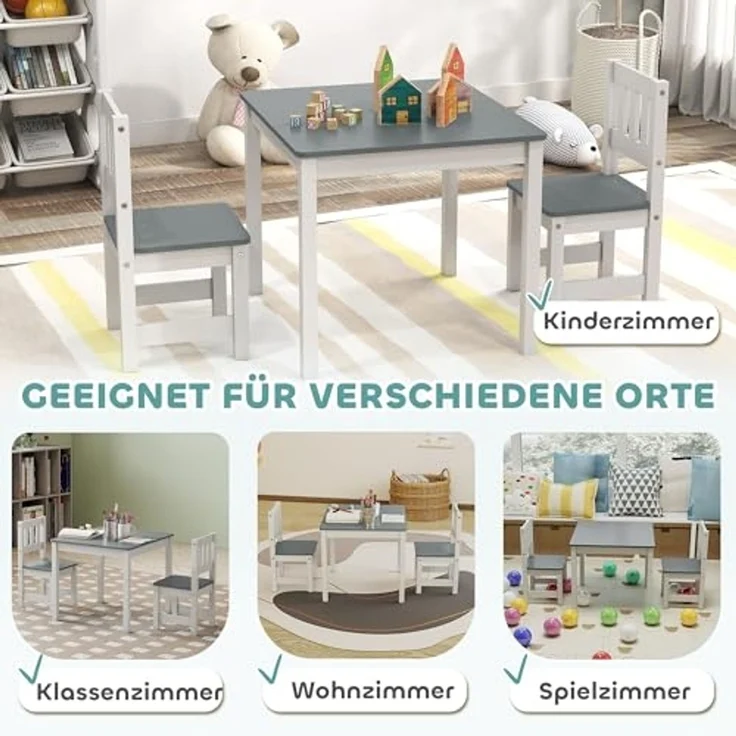AIYAPLAY Kindersitzgruppe Kindertisch mit 2 Stühlen, (Sitzgruppe für Kinder, 3-tlg, Kindertisch mit 2 Stühlen), für Kinderzimmer, Kindergärten, 56 x 52 x 48 cm Grau – Bild 6