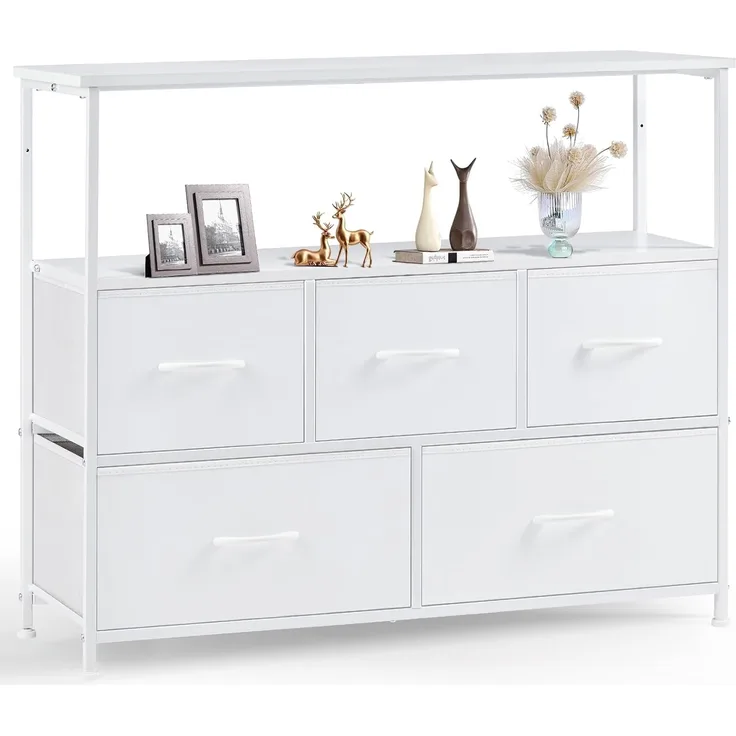 Sweetcrispy Kommode,TV Schrank Stand für Schlafzimmer mit 5 Stoffschubladen,Sideboard Wohnzimmer für 115cm TV,Einstellbare Füße Schubladenschrank,Komodenschrank für Schlafzimmer,Modernes Weiß