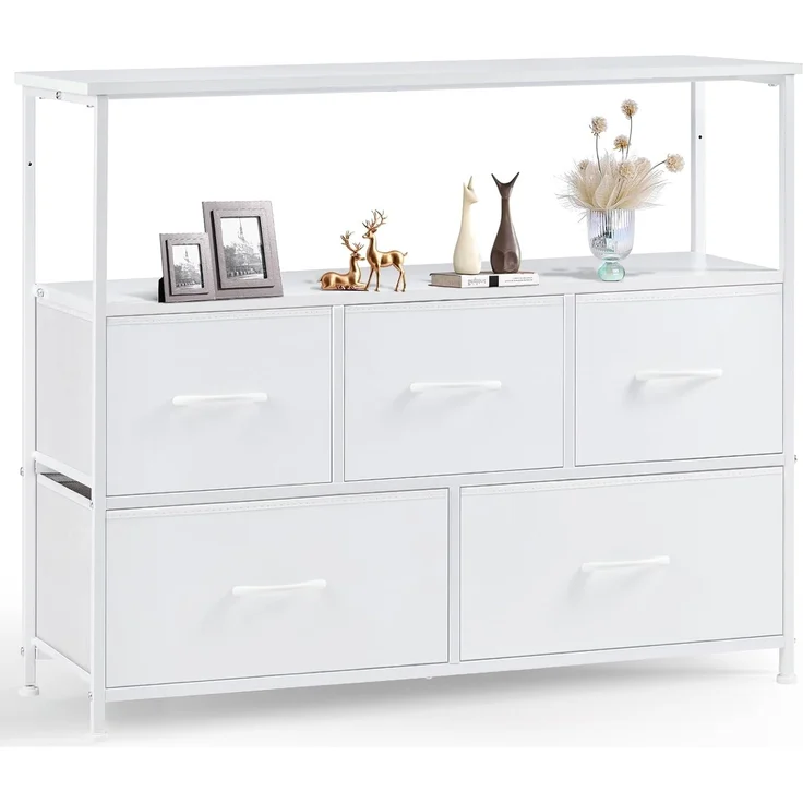 Sweetcrispy Kommode,TV Schrank Stand für Schlafzimmer mit 5 Stoffschubladen,Sideboard Wohnzimmer für 115cm TV,Einstellbare Füße Schubladenschrank,Komodenschrank für Schlafzimmer,Modernes Weiß – Bild 1
