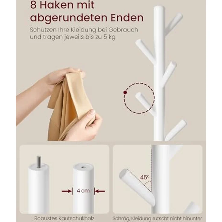 VASAGLE Garderobenständer, Kleiderständer Massivholz, Jackenständer Baumform, 8 Haken für Jacken, Hüte, für Flur, Haken und Haltestange aus Kautschukholz, wolkenweiß RCR009WH01 – Bild 4