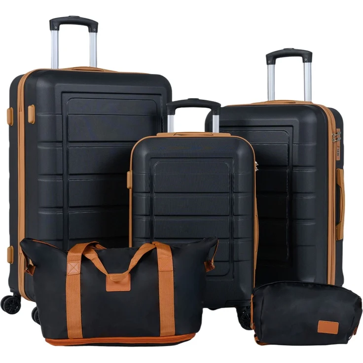 Koffer Set 5 Teilig Erweitbarer Hartschale Reisekoffer mit 1 Reisetasche & 1 Kulturbeutel Schwarz SH1438 – Bild 1