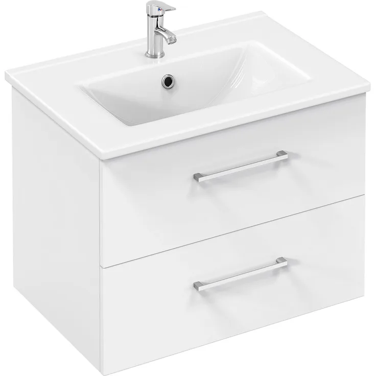 Yaheetech Waschbeckenunterschrank Hängender Badezimmerschrank mit Waschbecken Badmöbel Set 2-teilig Unterbau inkl. Waschbecken & Schubladen Badschrank Wandschrank mit Keramikbecken, Hochglanz, Weiß