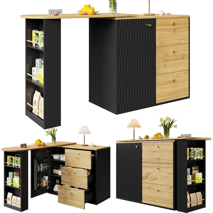 Ausziehbarer Bartisch 138–204×39×104 cm, 360° Dreh- und Ausziehfunktion, Wellendekor-Türen, 3 Schubladen, 3-stufiges Seitenregal, 104cmx138-204cmx39cm, Schwarz – Bild 8