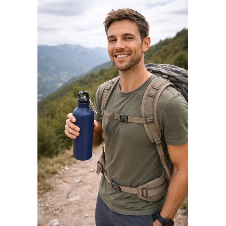 Trinkflasche Wasserflasche Sportflasche 800ml Metall Blau mit Karabinerhaken