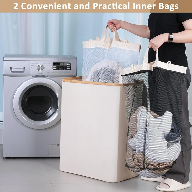 Wäschekorb 150L XL 2 Fächer Bambusgriff Deckel Beige Laundry Baskets – Bild 4