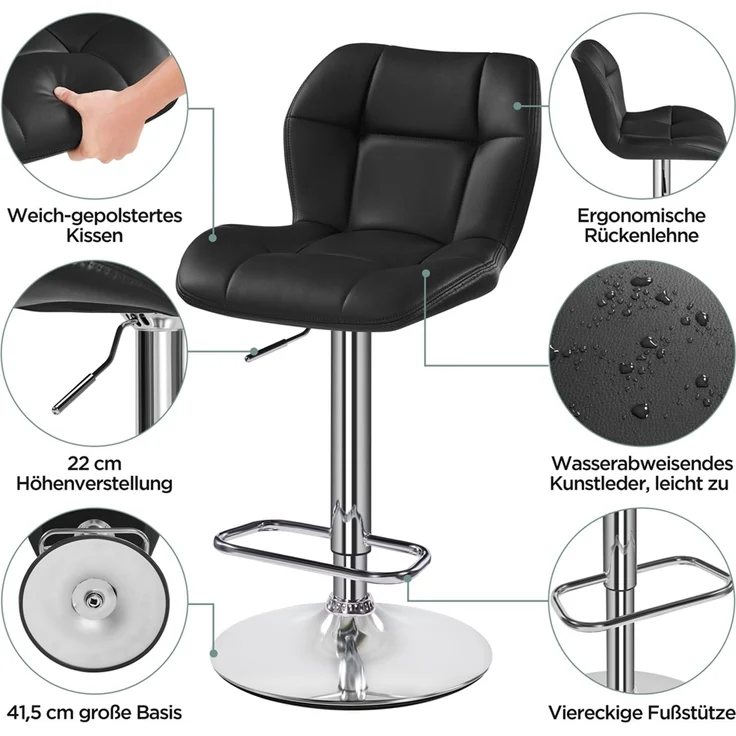 Yaheetech 2er-Set Barhocker mit Fußstütze, Drehbar & Höhenverstellbar, Schwarz – Bild 8