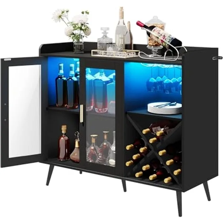 YITAHOME Barschrank mit verstellbaren LED-Lichtern, Kaffeebar mit Weinregal & Haken & Acryl-Türschrank, Küche Buffet Sideboard für Home Bar/Esszimmer/Wohnzimmer, Schwarz