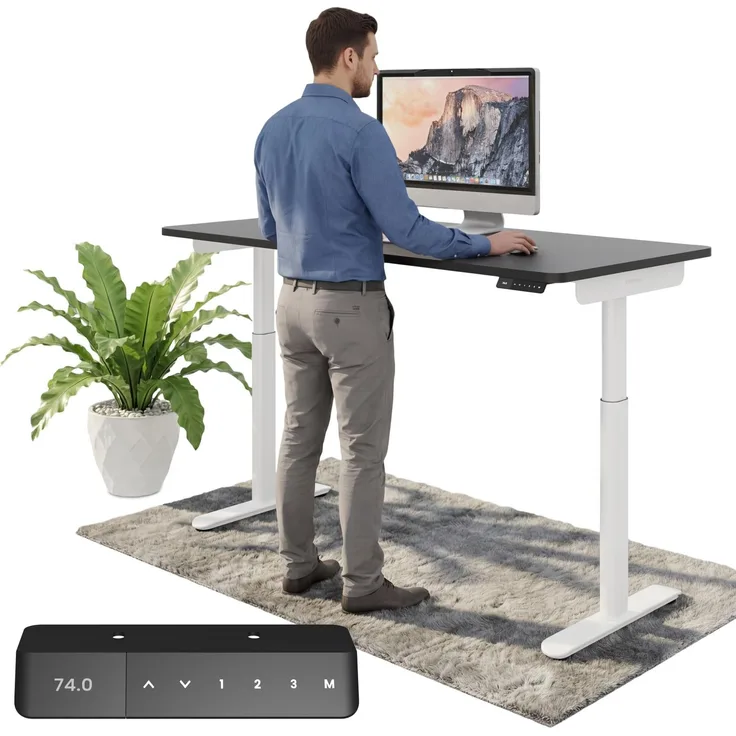 Ergotopia Desktopia One I Elektrisch höhenverstellbarer Schreibtisch I Tischplatte: 138x65cm, Schwarz Dekor I Gestell Weiß I Top Preis-Leistung