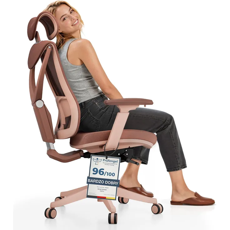 Desktronic Bürostuhl Verstellbarer Ergonomischer SitPro, Rosa 3-Dimensional Armlehne, Integrierte 5-Wege-Lendenwirbelstütze