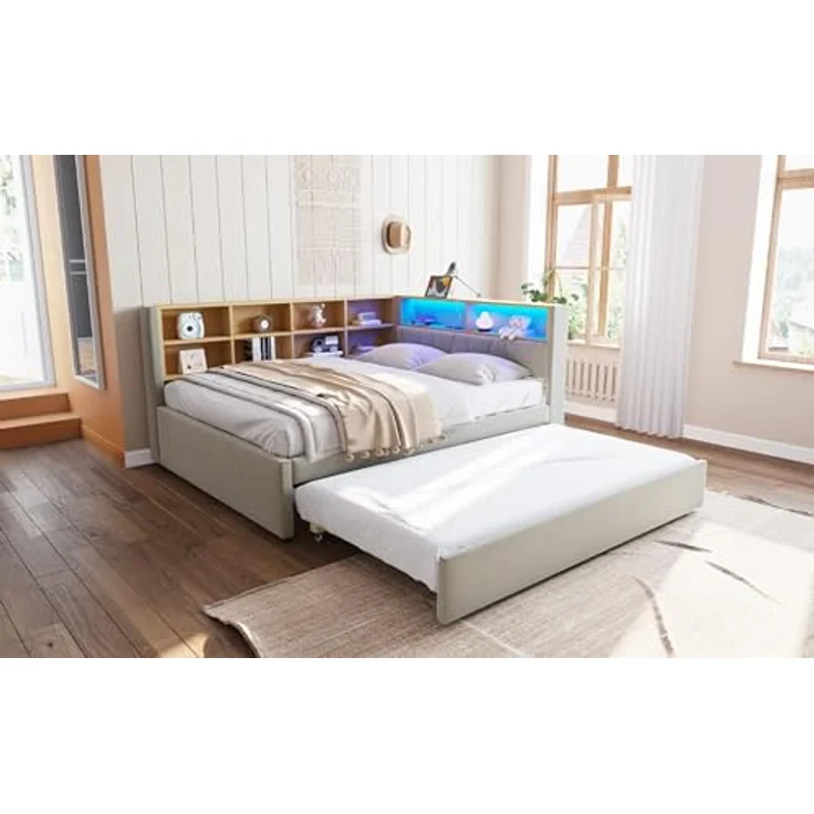 Ball & Cast Schlafsofa (140x200cm & 90 * 190cm) Tagesbett mit USB-Anschlüssen und Leuchten, Einzelbett mit Mehreren Ablagefächern, Ohne Matratze, Hellgrau – Bild 3