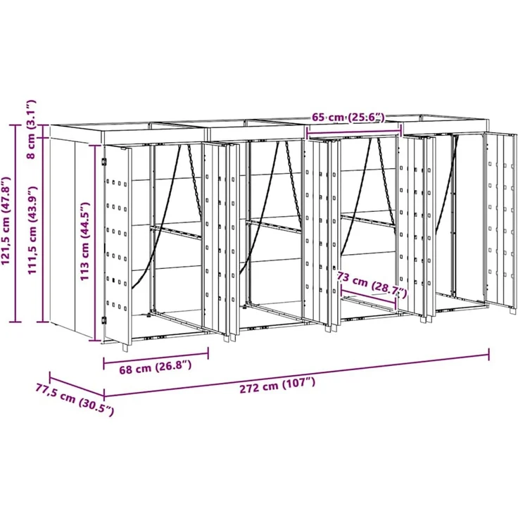 vidaXL Wagenmüllbehälter für 4 Behälter Schwarz 272 x 77,5 x 121,5 cm 3394740 – Bild 12