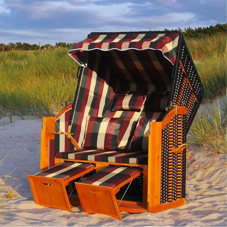 Swing&Harmonie Strandkorb XXL inkl. Abdeckcover Luxus Volllieger Gartenliege Ostsee + 4 Kissen, Klapptische, Zeitungsfächer, Volllieger, Ostsee – Bild 1