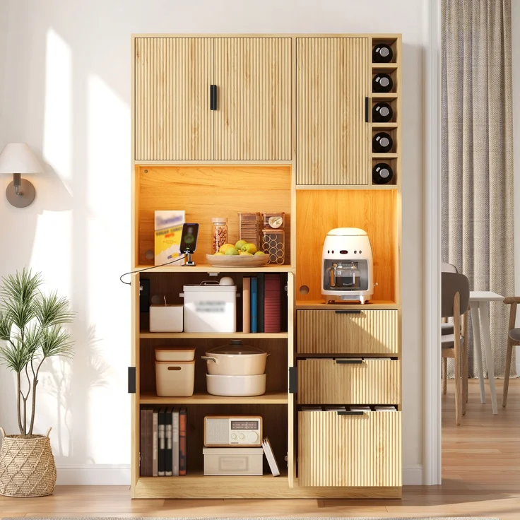 Küchenbuffetschrank aus MDF mit Weinregal und LED-Beleuchtung, 105x40x180 cm, Natur – Bild 3