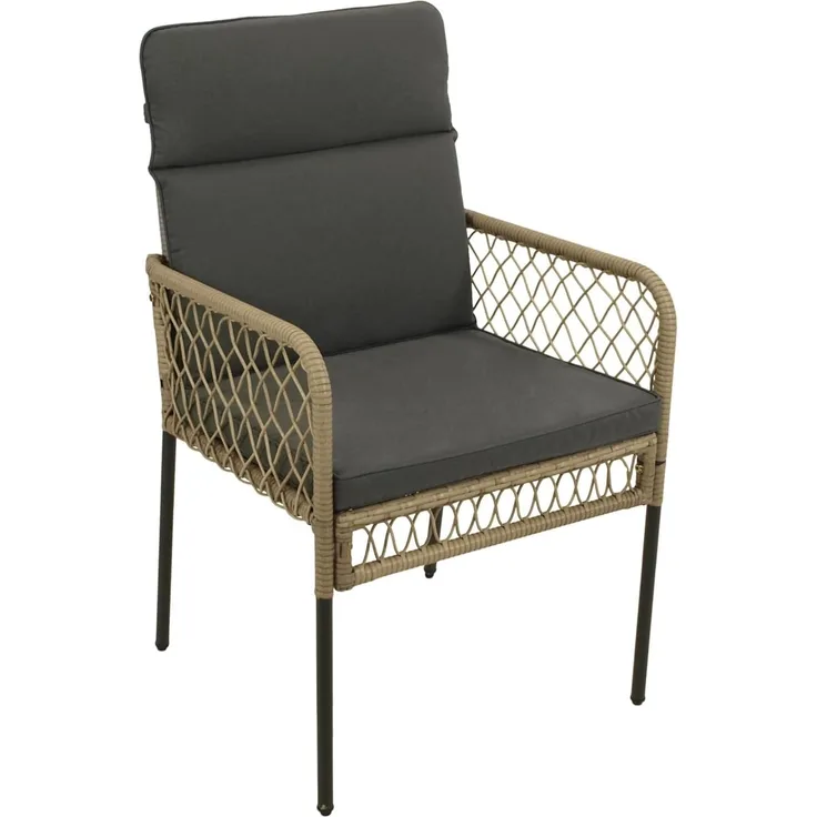 DEGAMO RAVALLO Gartensessel mit Armlehnen und Polster, Metall + Geflecht, schwarz/beige, 57cm
