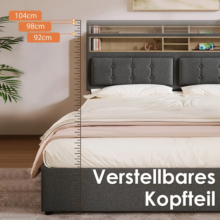Doppelbett mit 4 Schubladen, höhenverstellbarem Kopfteil & USB-C Ladestation, Leinen, 160x200 cm, Grau, mit Matratze – Bild 7