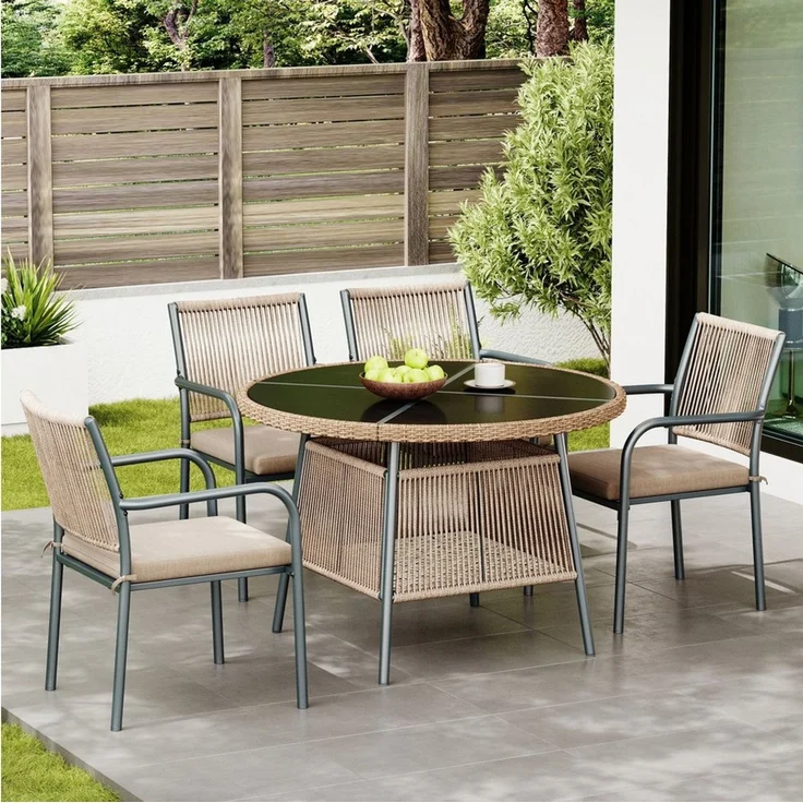 OKWISH Sitzgruppe Stuhl-Set 5-tlg. mit rundem Tisch 110x74 cm, 4 Armlehnstühle, (Set, 5-tlg, Modernes Gartenmöbel-Set aus Rattan), Eisengestell, Geeignet für Terrasse/Balkon/Deck – Bild 4