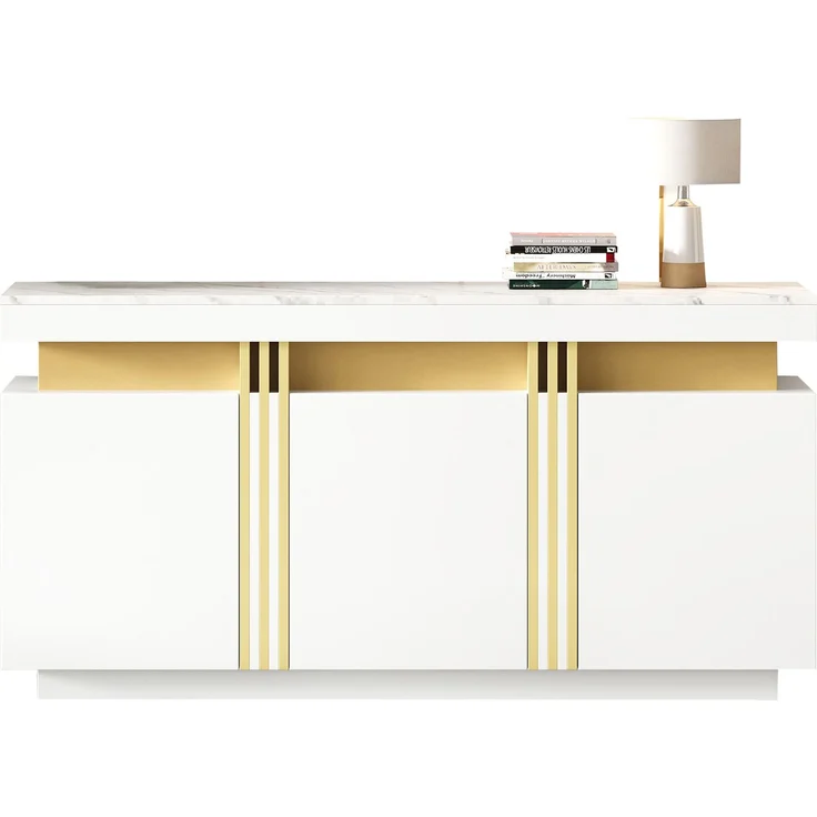 Merax weißes Sideboard, mit 3 Türen, Esszimmerschrank mit verstellbaren Trennwänden, Platin-Nähte – Bild 10