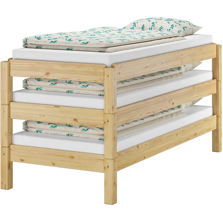 Massivholzbett Stapelbett Kiefer Natur 80x190cm Einzelbett stapelbar Gästebett + Rollrost 60.48-08-190