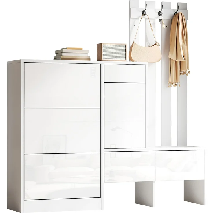 Garderobenschrank 160x35x160 cm mit Sitzbank, 3 Klappfächern und Hakenleiste, Weiß – Bild 4