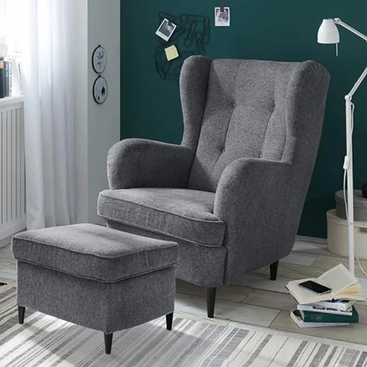 OSKAR Ohrensessel inkl. Fußhocker, Anthrazit - Vintage Wohnzimmer Sessel Set mit Massivholz Füßen - 78 x 102 x 98 cm (B/H/T) – Bild 3
