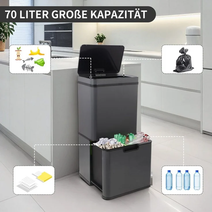 Ribelli Mülltrennsystem Sensor Mülleimer, 4 Fächer, Mülleimer Küche, 70L, Grau, Abfalleimer mit Sensor – Bild 2
