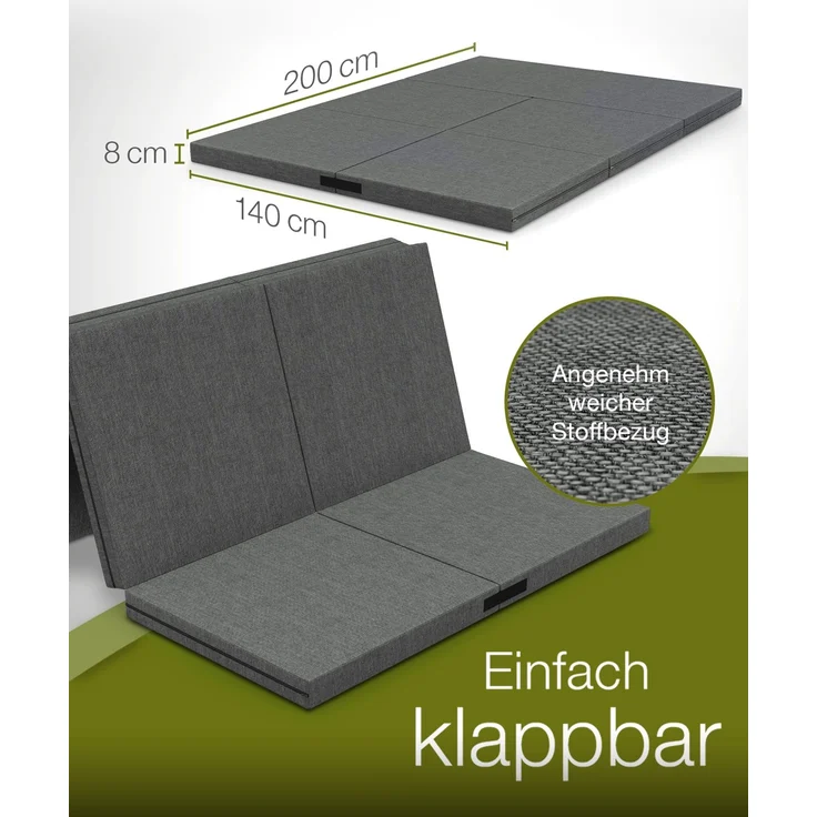 dibea 3-in-1 Klappmatratze: Gästebett, Sitzwürfel & Beistelltisch in einem, abnehmbarer Bezug & Husse mit Taschen, 140x200x8 cm, grau – Bild 3