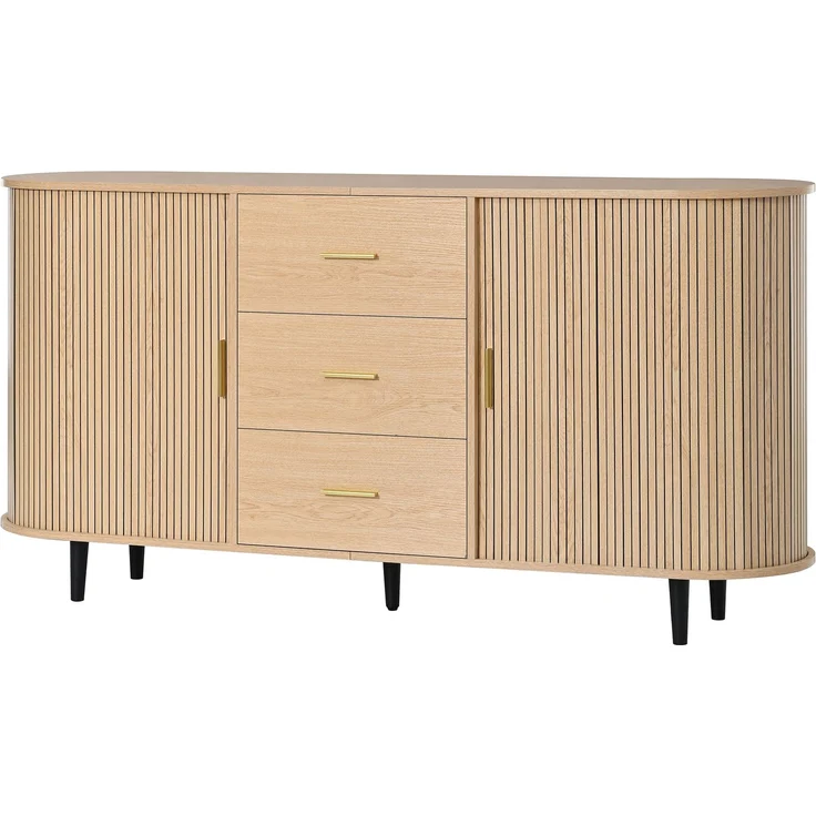 Merax Sideboard mit drei Schubladen mittig und Schiebetüren an den Seiten, gebogenes Design mit vertikaler Rillenverkleidung, Metallgriffe, Rohr-Eisenfüße, Aufbewahrungsschrank, Natur – Bild 9