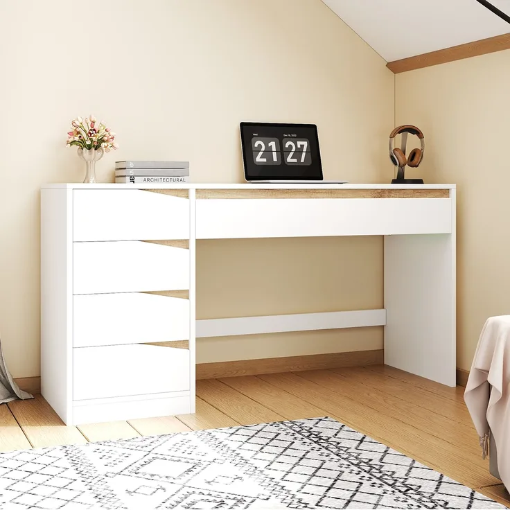 Schreibtisch aus Spanplatte mit 5 Schubladen, 140x50x78 cm, Weiß/Eichefarben