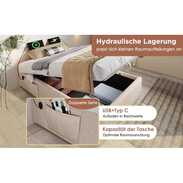 BlingBin Einzelbett Polsterbett (1-tlg, Struraumbett Bettgestell mit USB- C und Vollflächiger Lattenrost), 160×200 cm, Ohne Kopfteil, Leinen – Bild 2