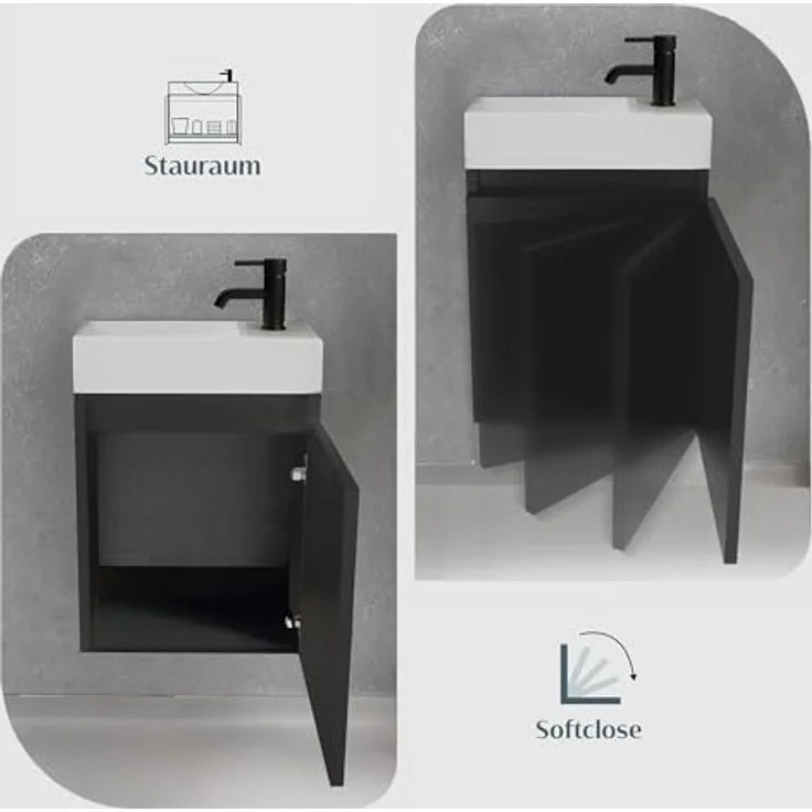 Alpenberger Badmöbel-Set Gäste WC Waschbecken mit Unterschrank - Badschrank Hängend, (2-tlg. Waschtisch Set Schwarz Matt, Waschbeckenunterschrank mit Softclose), Waschplätze für Kleine Bäder - Badschrank Hängend und Vormontiert – Bild 5