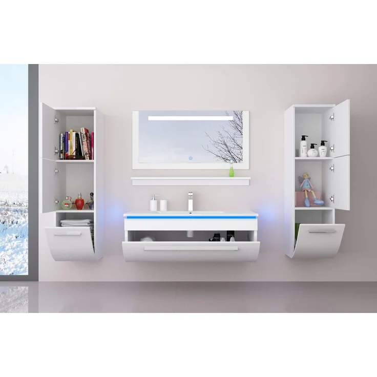 danny Homeline Badmöbel Set Hochglanz lackiert Komplett MDF Holz (90 cm mit 4X Hochschrank, Weiss) – Bild 2
