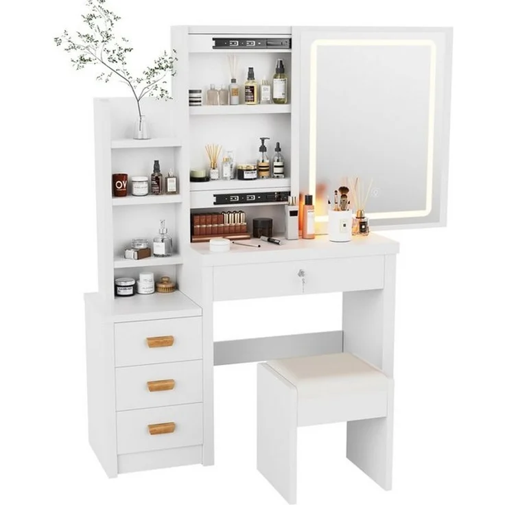 oyajia Schminktisch LED-Beleuchtung,mit Spiegel Hocker und 4 Schubladen Kosmetiktisch (Geeignet für Jugendliche und Erwachsene, Geeignet für Jugendliche und Erwachsene), mit 4 Schubladen und 3 offenen Fächern – Bild 4