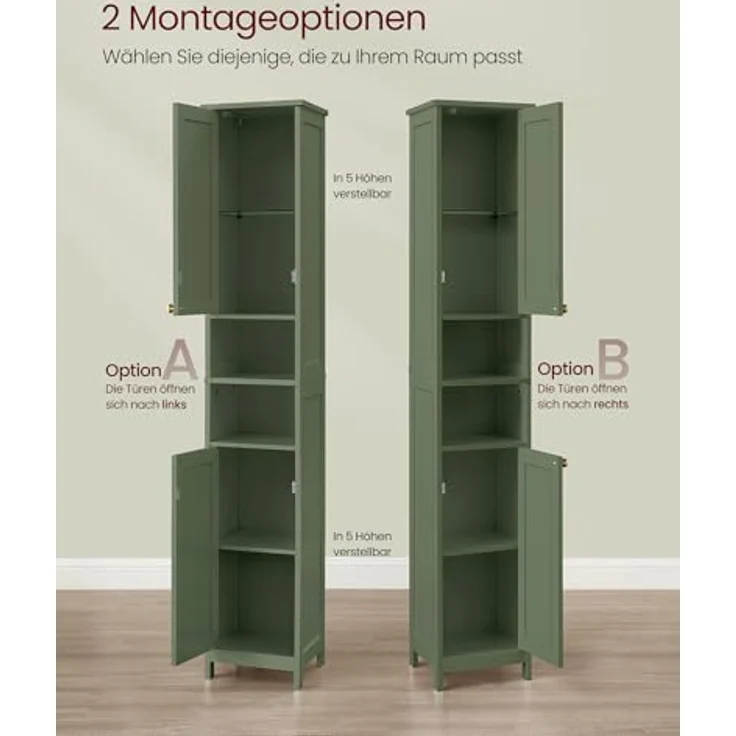 VASAGLE Badezimmerschrank mit Beleuchtung, hoch, schlanker Badschrank, Aufbewahrungsschrank mit verstellbaren Ablagen, für kleine Räume, modern, 40 cm breit, waldgrün BBC766CH03 – Bild 5