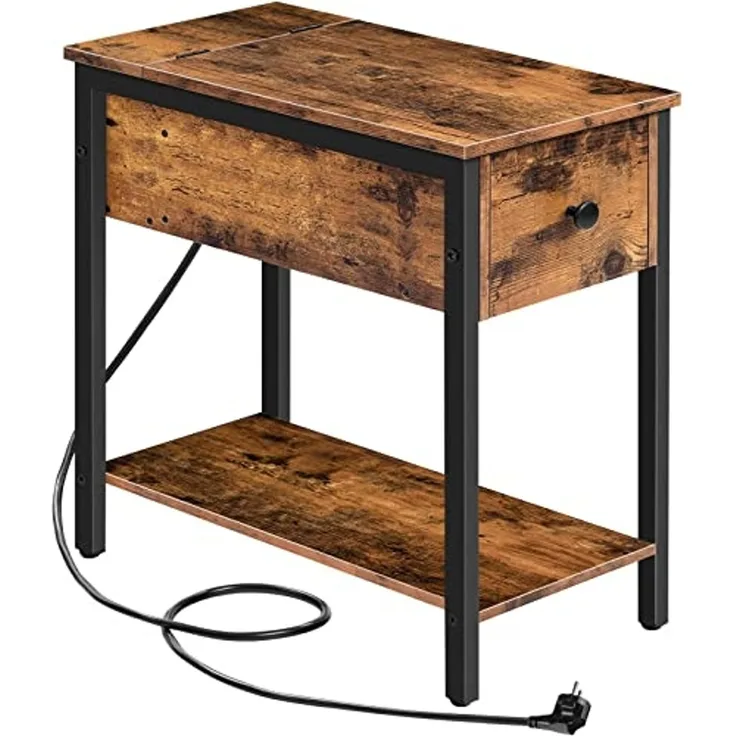 HOOBRO Beistelltisch mit Ladestation, Nachttisch mit Steckdose und USB-Anschluss, Sofatisch mit Schublade, Dekorativer Tisch für Kleine Räume, Wohnzimmer, Schlafzimmer, Dunkelbraun EBF042BZ01