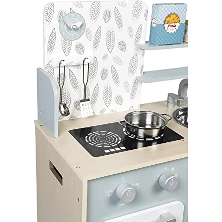 Janod - Küche ‘Plume’ - Kinderküche aus Holz mit Backofen, Edelstahlspüle, Schrank, Induktionskochplatten und Uhr - Spielküche mit 5 Zubehörteilen - Ab 3 Jahren, J06608 – Bild 4
