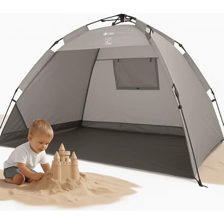 EXPLORER XXL Automatik Strandmuschel mit UV Schutz 80+ [220 x 150 x 130 cm] kleines Packmaß leicht und schnell in Sekunden aufgebautes Strandzelt Sonnenschutz Muschel automatisch Windschutz grau-Sand – Bild 3