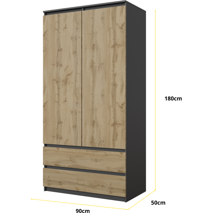 Furnica JOELLE Kleiderschrank 2 Schubladen Anthrazit Grau/Wotan Eiche H180 B90 T50cm – Bild 2