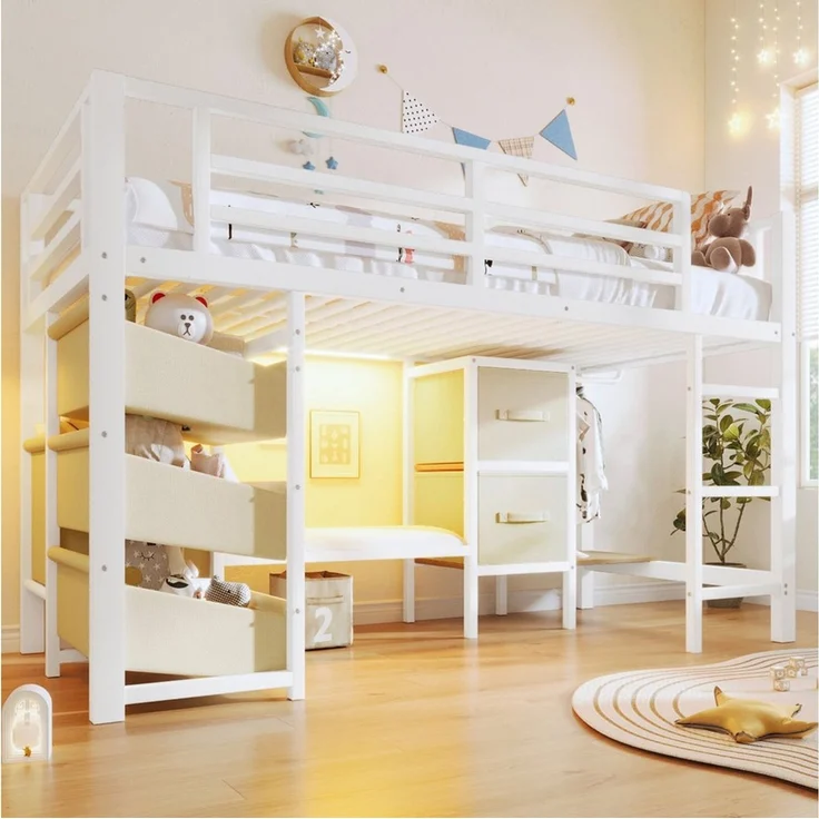SOFTWEARY Hochbett LED-Beleuchtung und Stauraum (90x200 cm, mit Lattenrost, Schubladen, Leiter, Kleiderstange, Sitzbank) Kinderbett mit Rausfallschutz, Metallbett – Bild 1