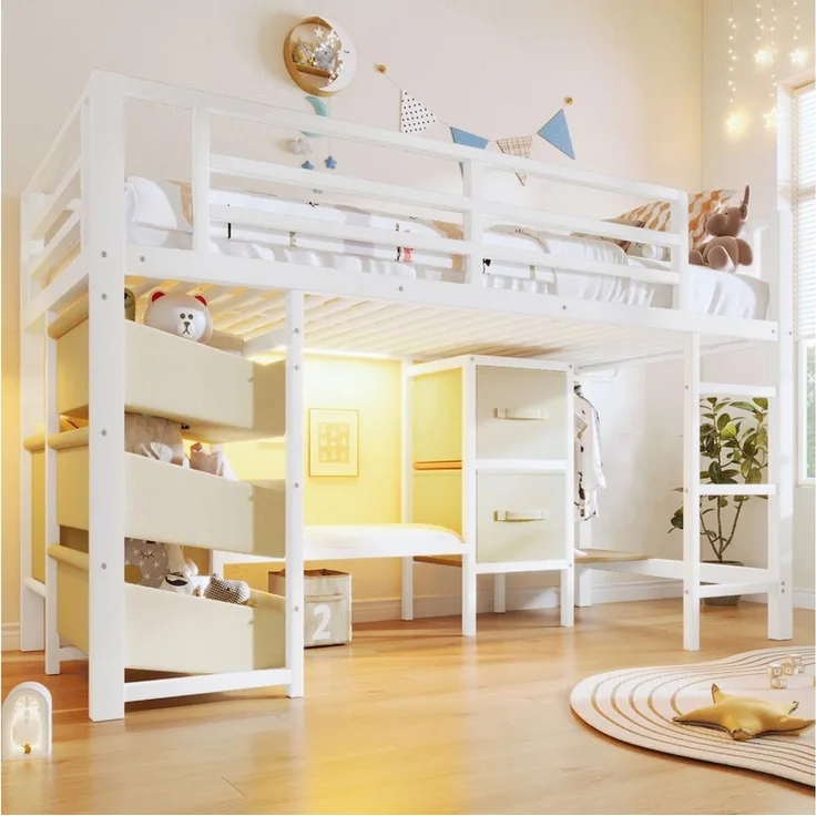 SOFTWEARY Hochbett LED-Beleuchtung und Stauraum (90x200 cm, mit Lattenrost, Schubladen, Leiter, Kleiderstange, Sitzbank) Kinderbett mit Rausfallschutz, Metallbett