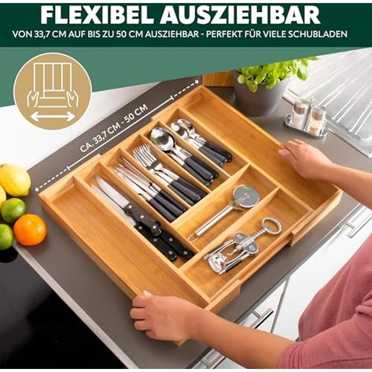 Besteckkasten ausziehbar / Bambus / ca. 33,7 - 50 x 44,7 cm Schubladeneinsatz Besteckeinsatz – Bild 2