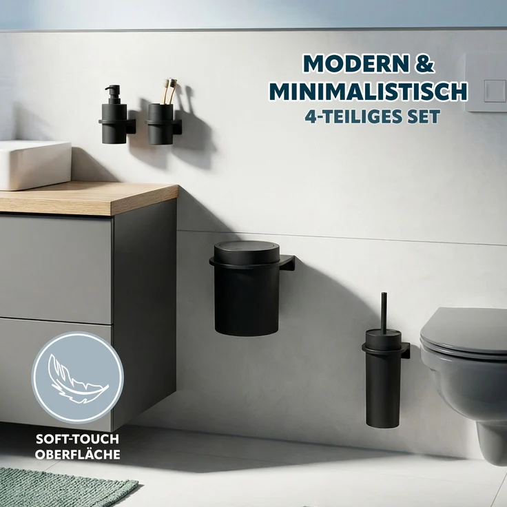 bremermann Bad-Accessoires Set SAVONA 4tlg. bestehend aus 1x Seifenspender, 1x Becher, 1x WC-Garnitur, 1x Kosmetikeimer aus Kunststoff in Schwarz – Bild 2