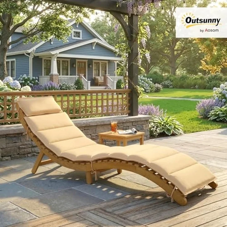 Outsunny Gartenliege Wetterfest Relaxliege mit Polsterung Kopfstütze Tragegriff, klappbarer Liegestuhl, 1 St, Sonnenliege, für Balkon, Terrasse, bis 120 kg belastbar, Beige, 183 x 54 x 63 cm – Bild 2