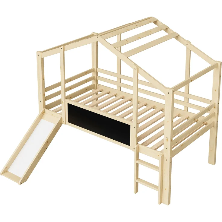 Kinder Hochbett Mit Rutsche Und Schiefertafel 90x200 Hausform Massivholz 120kg Tragfähig Sicherheitsgeländer Spielbett Mitwachsend – Bild 9