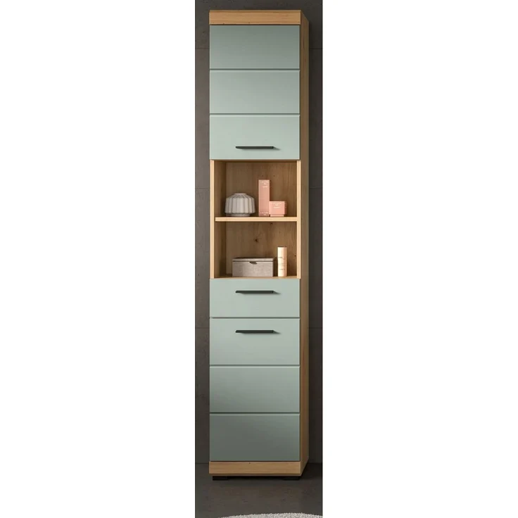 Badezimmer Hochschrank Shawn in grün und Eiche 37 x 191 cm – Bild 2
