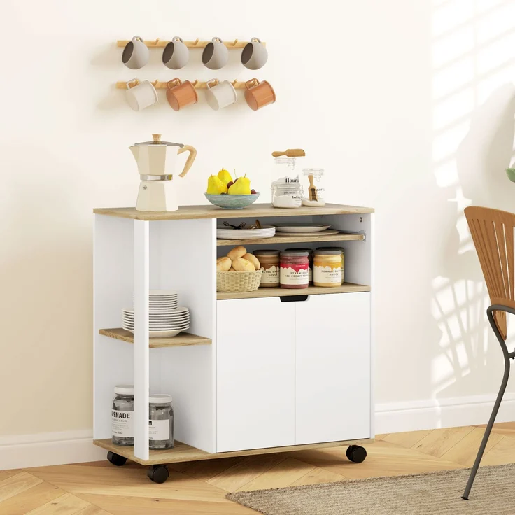 MELAYR, Rollender Küchenwagen mit Stauraum, Schrank, verstellbare Regale, für Küche, 80 x 40 x 82 cm, Naturholz+Weiß – Bild 3